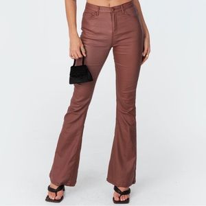 EDIKTED LUNA FAUX LEATHER FLARE JEANS BROWN